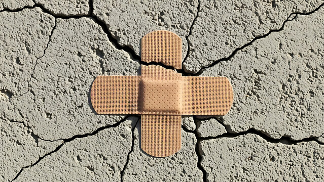Tan adhesive bandages cross over cracked dry earth for metaphoric aid.