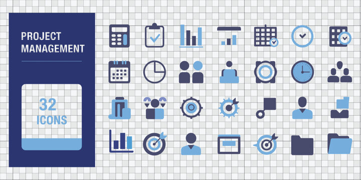 Project management icons set in a grid with a blue header indicating 32 icons for business planning and organization