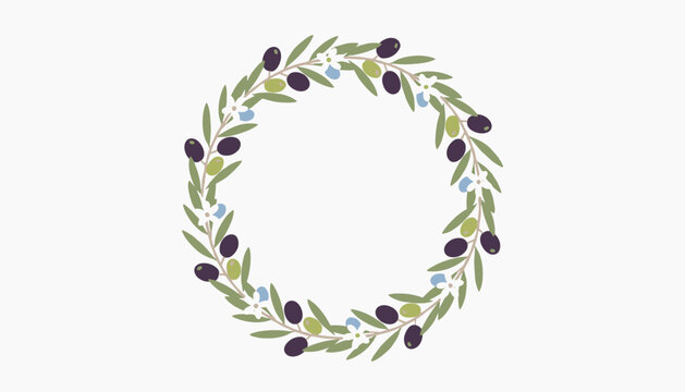 Elegant circular wreath made of olive branches with green and black olives and small white flowers on a clean background.