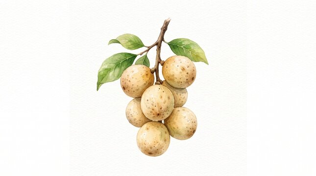 Watercolor langsat fruit bunch with leaves, ideal for juice packaging, botanical illustrations, Asian food menus, and education.