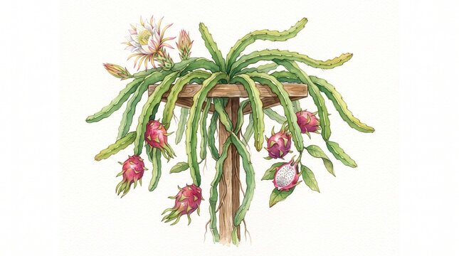 Watercolor dragon fruit plant