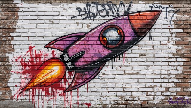 Colorful graffiti rocket painting on urban brick wall with vibrant spray paint art