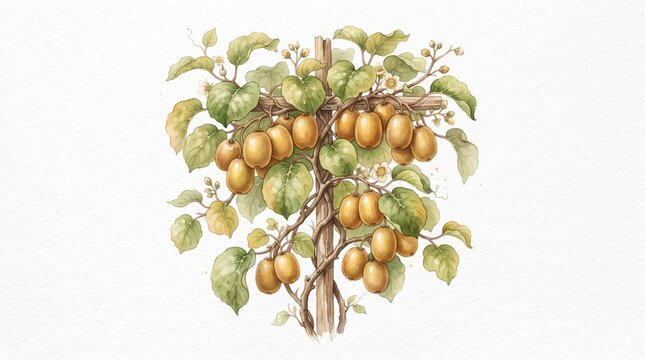 Watercolor illustration of a kiwi fruit tree vine on a wooden trellis