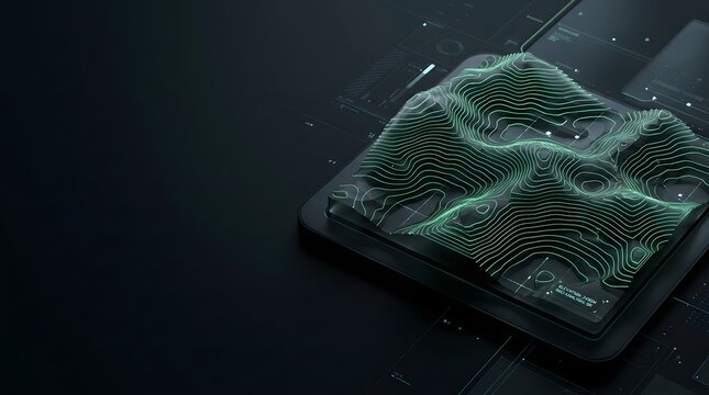 3D holographic topographic terrain model with glowing green contour lines on dark digital HUD interface
