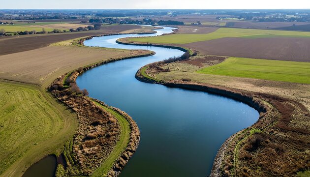 Aerial View of a Winding River Through Agricultural Fields