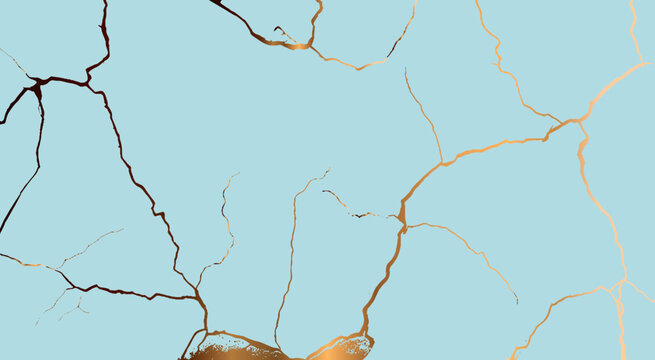Kintsugi gold simple break lines, asian geaometric crackle. Surface with crack print, effect. Moderm cover golden broken texture. Vector illustration