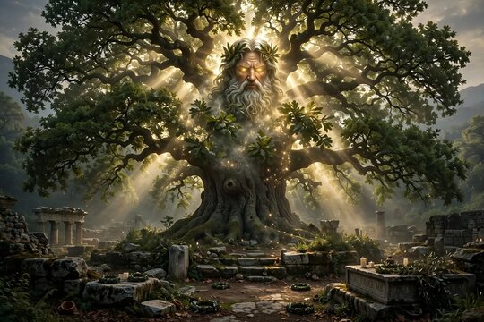 Zeus of Dodona Oracle Tree with Divine Face in Ancient Sacred Oak