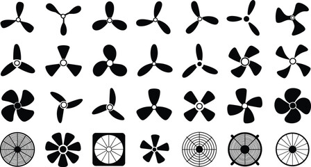 Black silhouette propeller icons collection with electric fan blades and industrial ventilation cooling system rotor shapes vector set © MDRAHIM