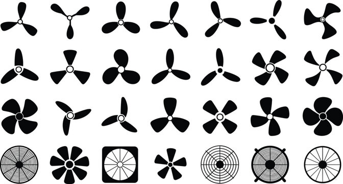 Black silhouette propeller icons collection with electric fan blades and industrial ventilation cooling system rotor shapes vector set