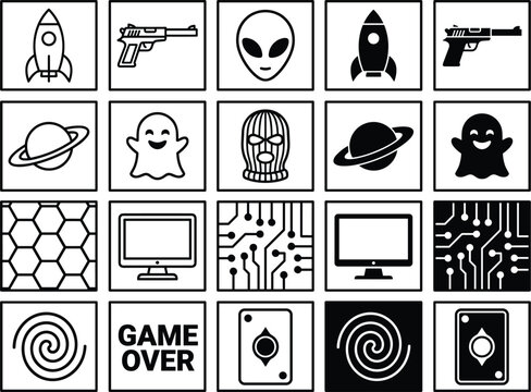 Black and white retro video game icon set featuring rockets aliens ghosts screens and tech patterns isolated