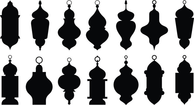 Traditional ramadan lantern fanous silhouette icon collection set for islamic holy month celebration decoration vector