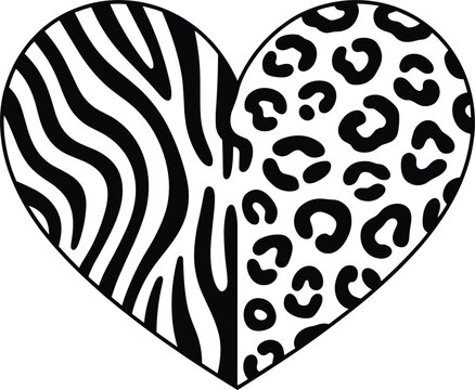 Heart shape animal print vector with zebra stripes and leopard spots half split pattern for valentine design