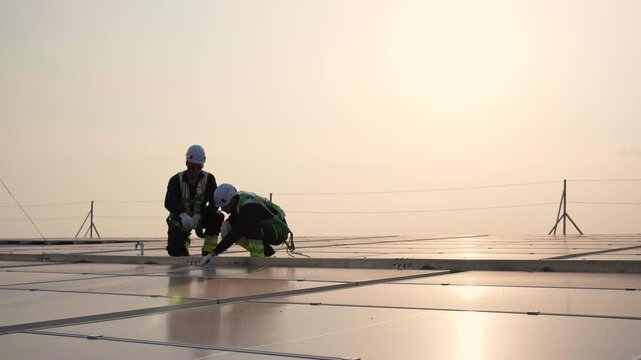 Two engineer inspecting solar panel on roof of building, team man worker or technician checking installation of power generation, teamwork in industrial alternative energy power or green energy.