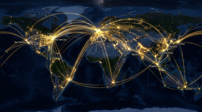 Global Network World Map with Glowing Connection Lines and International City Lights at Night