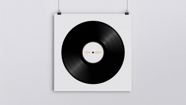 Classic black vinyl record hanging on a white wall with a simple display setup