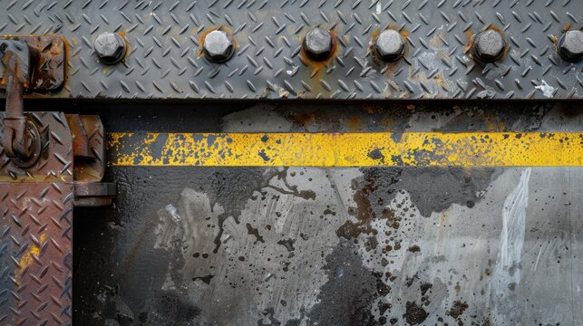 Rusted loading dock leveller with yellow safety line closeup