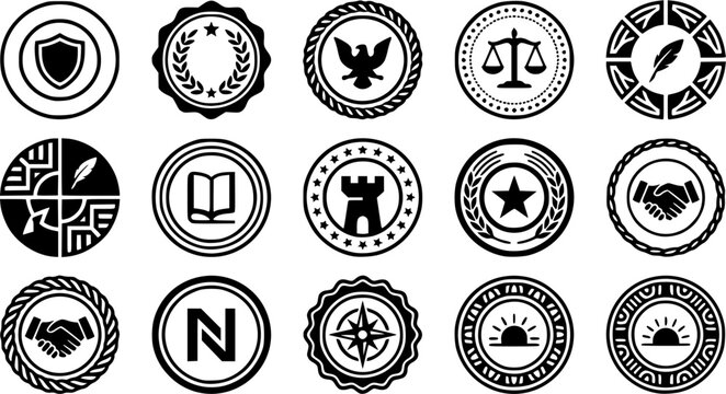 Notary Stamp & Circle Border Silhouette Icon Set. Collection of vintage & decorative silhouettes, including notary stamp & circle border, detailed stamp and seal shapes, and more.