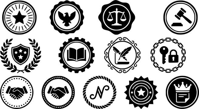 Notary Stamp & Circle Border Silhouette Icon Set. Collection of vintage & decorative silhouettes, including notary stamp & circle border, detailed stamp and seal shapes, and more.