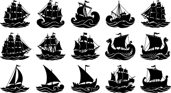 Woodcut Ship & Wave Line Silhouette Icon Set. Collection of vintage & decorative silhouettes, including woodcut ship & wave line, detailed woodcut and engraving shapes, and more.