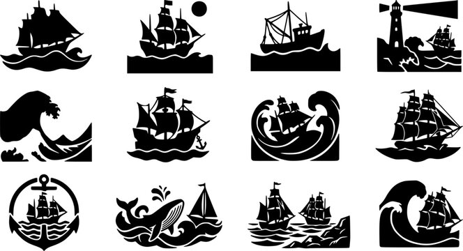 Woodcut Ship & Wave Line Silhouette Icon Set. Collection of vintage & decorative silhouettes, including woodcut ship & wave line, detailed woodcut and engraving shapes, and more.