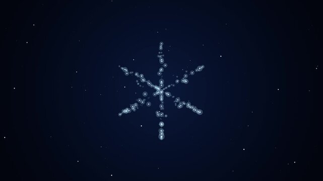 Glowing snow particles gather into an elegant geometric snowflake before dissolving back into a floating particle field, creating a modern winter and Christmas seamless loop background