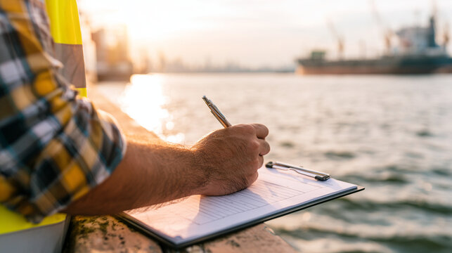 Inspector holding clipboard with pen writing notes at shipping port harbor

