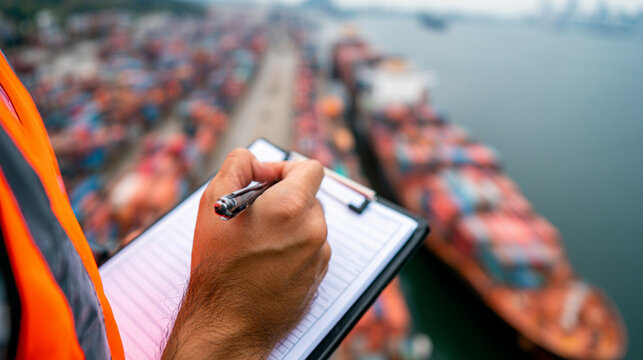 Inspector holding clipboard with pen writing notes at shipping port harbor

