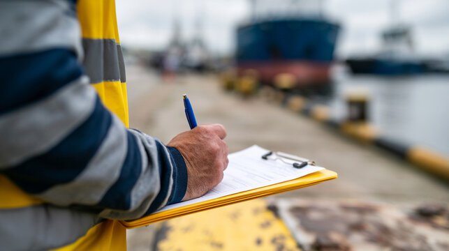Inspector holding clipboard with pen writing notes at shipping port harbor

