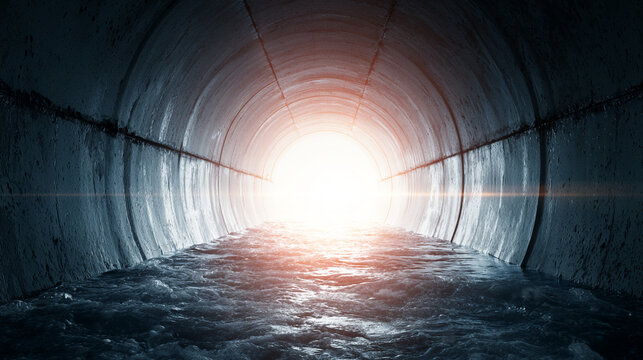 Dark concrete drainage pipe tunnel with bright light at the end

