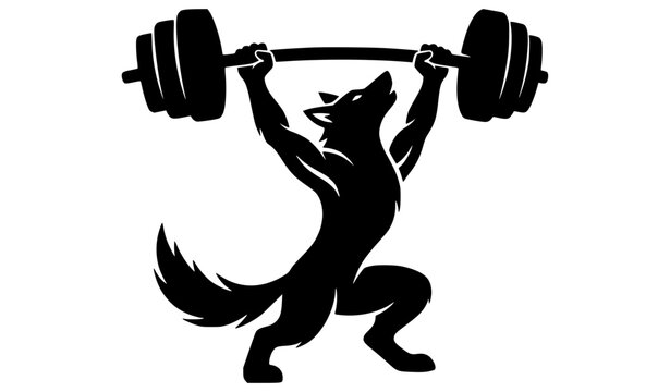 Fierce wolf performing overhead barbell squat lift black silhouette fitness vector