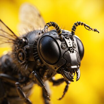 Macro close-up portrait of mechanical cybernetic bee with intricate metal
