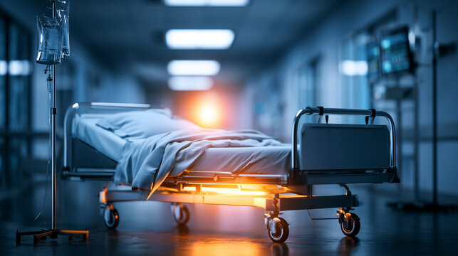 Empty medical bed with iv stand in dim illuminated hospital corridor

