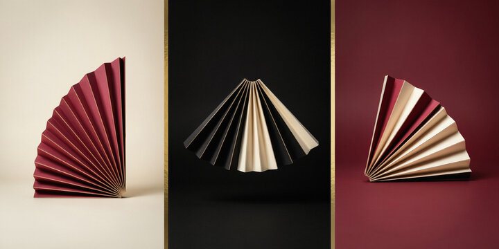 Set of three decorative paper fans in burgundy and black tones