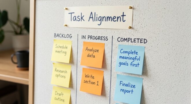 Task Alignment Kanban Board with Sticky Notes Showing Project Progress