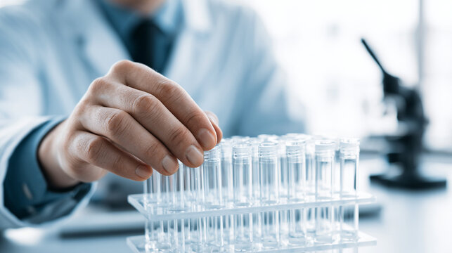 Scientist hand picking up test tube from rack in laboratory

