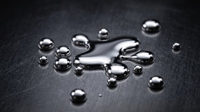 Shiny liquid mercury droplets on a dark textured metal surface for science research