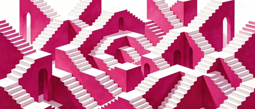 Surreal optical illusion geometric art with multiple ascending pink and white staircases creating impossible maze-like structure with arched openings contemporary abstract conceptual artwork