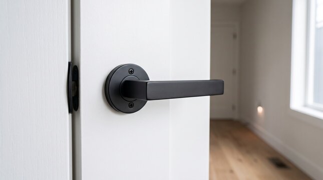 Modern black door handle on a white interior door in a minimalist home