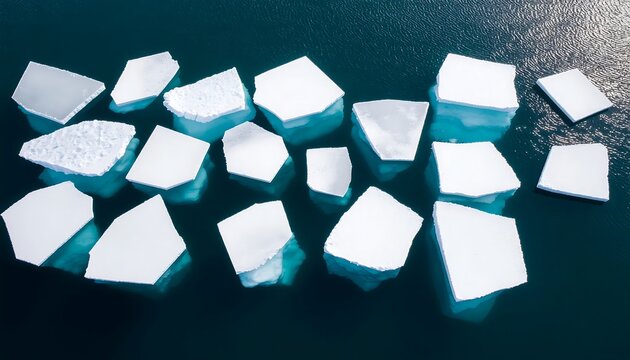 Floating ice chunks in dark water, melting icebergs concept