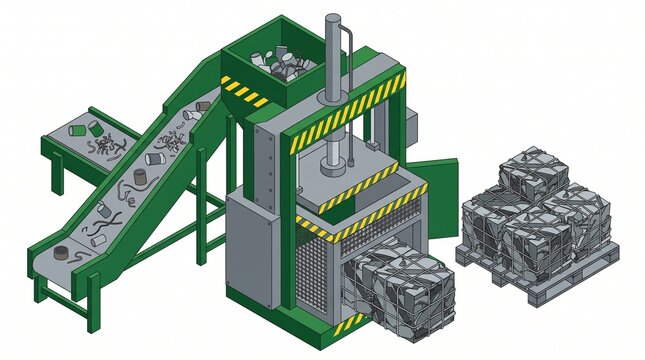 Industrial waste recycling baler machine with conveyor belt and compressed cubes