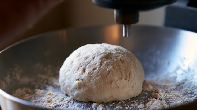 Commercial Electric Stand Mixer Kneading Raw Dough Ball In Bakery Kitchen Setting
 
