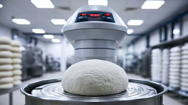 Commercial Electric Stand Mixer Kneading Raw Dough Ball In Bakery Kitchen Setting
 