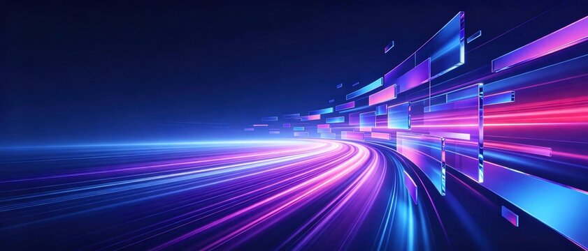Abstract futuristic high speed motion background with glowing translucent purple and blue glass rectangular blocks placed along curved road representing fast digital technology movement