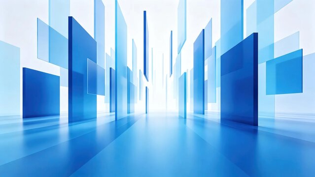 Abstract futuristic 3D corridor made of floating translucent blue glass rectangular blocks on glossy light blue floor leading to bright white background modern tech concept