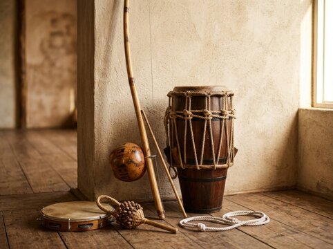 Traditional capoeira instruments on wooden floor