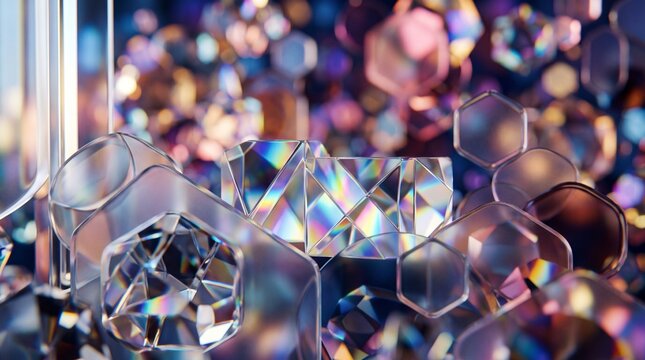 Abstract background featuring a mosaic of colorful hexagonal shapes with soft focus and vibrant light reflections