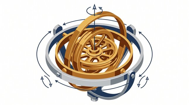 Isometric gyroscope illustration with metallic rings rotating on white background