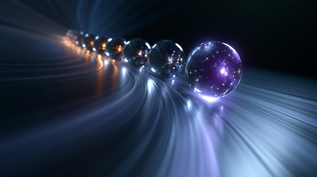 Futuristic Glowing Neon Purple Sphere Moving On Parallel Tracks In Dark
