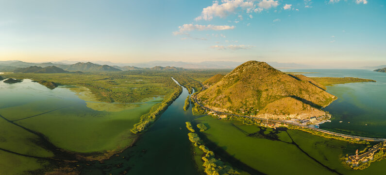 Aerial Panorama of Skadar Lake Wetlands near Virpazar, Montenegro
