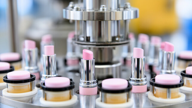 Pink Lipsticks Standing In Metal Precision Holder Inside Cosmetic Manufacturing Plant